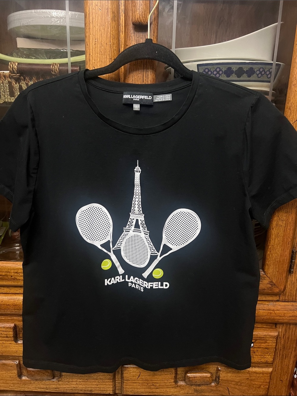 Karl Lagerfeld Black women’s Tee with White Eiffel Tower & Lime Tennis Accents